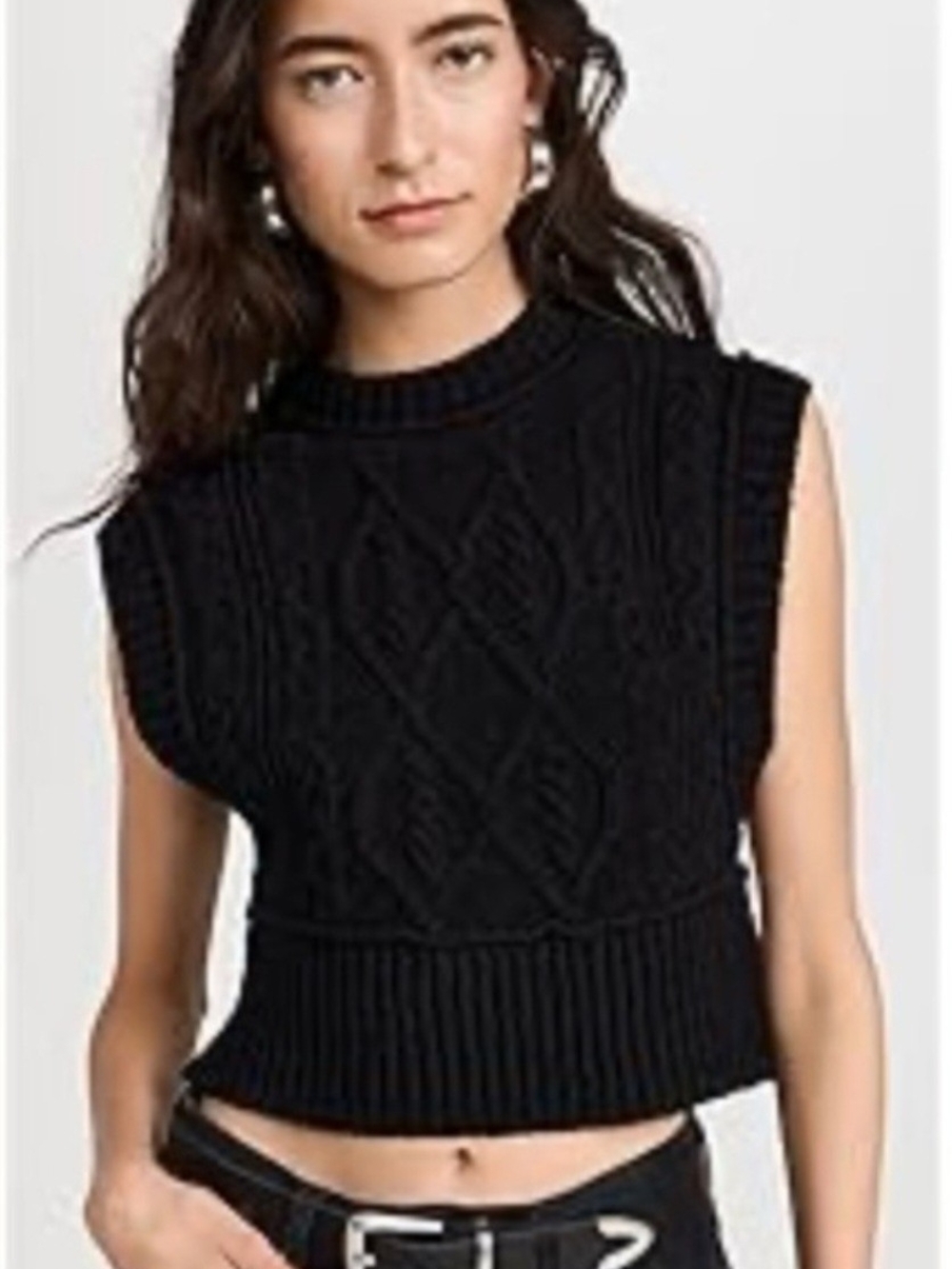 Free People Rowan Sweater Vest L Black Cable Knit Cropped Boho Preppy Chic - Picture 1 of 9